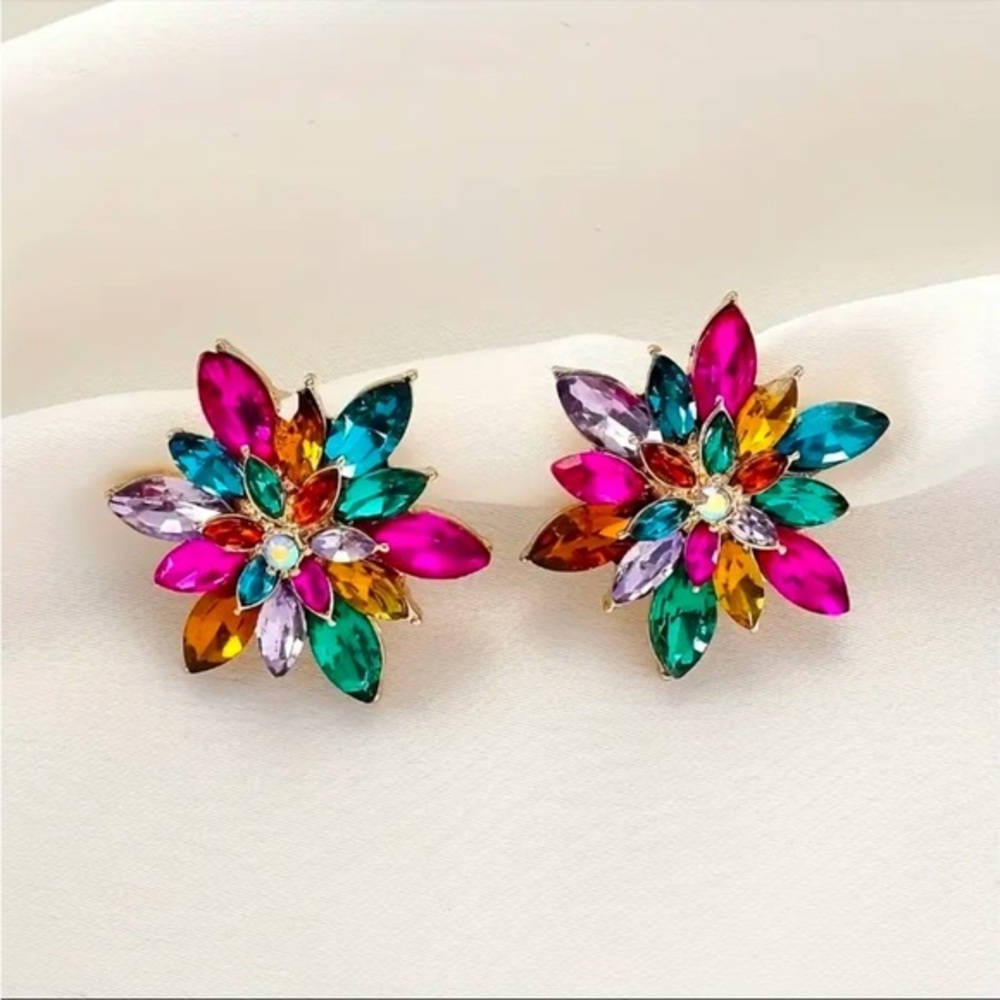Multicolor Crystal Flower Stud Earrings Bold Statement Sparkle NWT